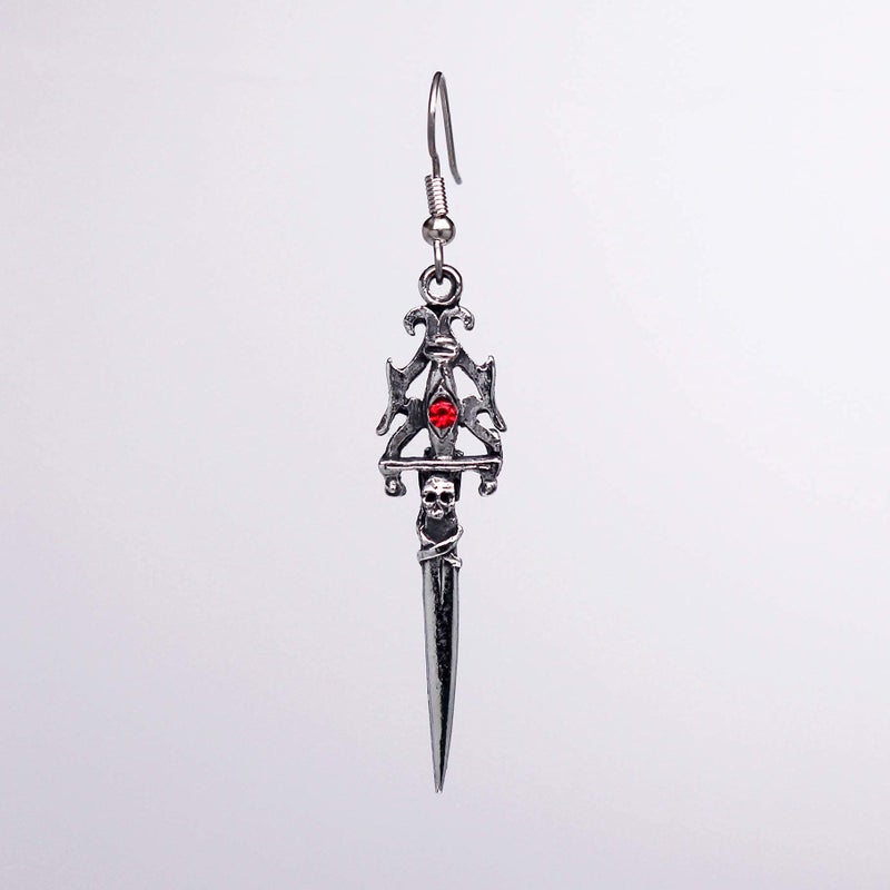 Real Metal Gothic Skull Dagger Medieval Renaissance Dangle Earrings with Red Austrian Crystals - Image 5